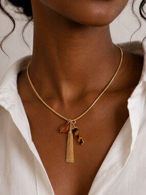New! Preppy Classic Gold Tortoiseshell Tassel Necklace (4009) NWOT